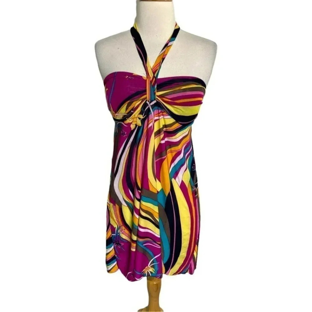 Slinky L pink & multicolor halter dress‎ Rave Disco Retro Slinky Colorful